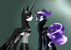 Size: 1239x875 | Tagged: safe, artist:supermare, nightmare rarity, princess celestia, g4, alternate hairstyle, batman, batmare, catwoman, selina kyle, whip