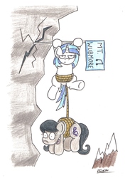 Size: 1523x2168 | Tagged: safe, artist:bobthedalek, dj pon-3, octavia melody, vinyl scratch, earth pony, pony, unicorn, g4, backwards cutie mark, cracked, duo, female, flag, hang in there, hanging, mountain, octavia is not amused, rope, unamused, vinyl scratch is not amused, wub