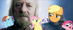 Size: 1280x529 | Tagged: safe, applejack, fluttershy, pinkie pie, rainbow dash, rarity, twilight sparkle, g4, dashface, exploitable meme, iwtcird, lord of the rings, mane six, meme, rapeface, smeel, smugdash, smugjack, squishy cheeks, theoden, twiface