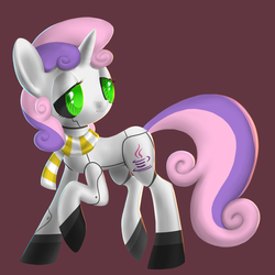 Size: 1024x1024 | Tagged: safe, artist:moon petals, sweetie belle, pony, robot, robot pony, unicorn, g4, clothes, cutie mark, female, filly, foal, hooves, horn, java (language), raised hoof, scarf, simple background, solo, sweetie bot