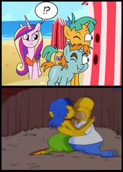 Size: 713x1000 | Tagged: safe, princess cadance, snails, snips, g4, beach, clothes, homer simpson, male, marge simpson, snips and snails spying meme, swimsuit, the simpsons