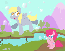 Size: 1000x780 | Tagged: safe, artist:coggler, derpy hooves, pinkie pie, pegasus, pony, g4, bubble, female, mare