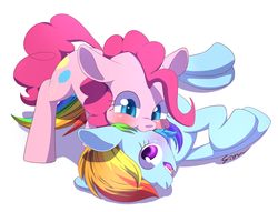 Size: 1500x1144 | Tagged: safe, artist:sion, pinkie pie, rainbow dash, pony, g4, :3, blushing, cute, dashabetes, diapinkes, female, lesbian, lying down, mare, nom, on side, open mouth, pixiv, puffy cheeks, raspberry, ship:pinkiedash, shipping, simple background, surprised, wide eyes
