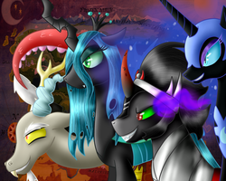 Size: 2500x2000 | Tagged: safe, artist:lastbutnotalise, discord, king sombra, nightmare moon, queen chrysalis, alicorn, changeling, changeling queen, draconequus, pony, unicorn, g4, crown, ethereal mane, every villain, facial hair, fangs, female, helmet, high res, jewelry, regalia, villains of equestria
