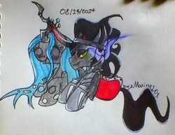 Size: 768x593 | Tagged: safe, artist:xmaxine10x, king sombra, queen chrysalis, g4, blushing, chibi, cute, cutealis, female, male, ship:chrysombra, shipping, sombradorable, straight, traditional art, unholy matrimony