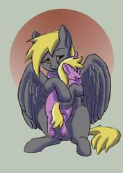 Size: 2550x3600 | Tagged: safe, artist:vtruss1, derpy hooves, dinky hooves, pegasus, pony, unicorn, g4, :t, cute, derpabetes, dinkabetes, equestria's best mother, eyes closed, female, filly, happy, high res, hnnng, hug, lidded eyes, mare, mother and daughter, open mouth, smiling, spread wings, underhoof, wings