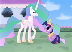 Size: 622x448 | Tagged: safe, artist:xwreathofroses, princess celestia, twilight sparkle, g4, accessory swap, cute, duo, filly, twiabetes, younger