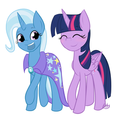 Size: 944x901 | Tagged: safe, artist:lilliesinthegarden, trixie, twilight sparkle, alicorn, pony, g4, blushing, female, happy, lesbian, mare, ship:twixie, shipping, twilight sparkle (alicorn)