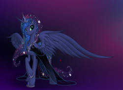 Size: 3980x2890 | Tagged: safe, artist:nemesis360, princess luna, alicorn, pony, g4, clothed ponies, clothes, commission, crown, dress, ethereal mane, ethereal tail, female, high res, hoof shoes, jewelry, large wings, long tail, mare, partially open wings, peytral, raised hoof, regalia, simple background, solo, spread wings, starry mane, starry tail, tail, wings