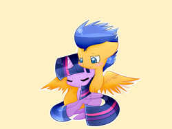 Size: 1024x768 | Tagged: safe, artist:le-poofe, flash sentry, twilight sparkle, alicorn, pony, g4, blushing, cuddling, cute, eyes closed, female, male, mare, ship:flashlight, shipping, smiling, snuggling, spread wings, straight, twilight sparkle (alicorn)