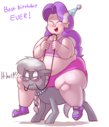 Size: 600x700 | Tagged: safe, artist:secretgoombaman12345, diamond tiara, silver spoon, earth pony, human, pony, ask chubby diamond, g4, abuse, bbw, birthday, chubby, chubby diamond, commission, dialogue, diamond tiara riding silver spoon, fat, female on top, glasses, hat, humanized, humans riding ponies, muffin top, obese, party hat, riding, silverbuse, simple background, spoonabuse, struggling, sweat, transparent background