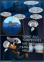 Size: 1228x1736 | Tagged: safe, artist:wonkysole, oc, oc only, legends of equestria, comic, crosshair, dialogue, german, military, navy, periscope, submarine, war