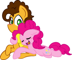 Size: 600x497 | Tagged: safe, artist:littlecloudie, cheese sandwich, pinkie pie, g4, blushing, eyes closed, female, floppy ears, hug, lying, male, ship:cheesepie, shipping, sleeping, straight