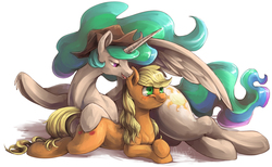 Size: 1935x1194 | Tagged: safe, artist:audrarius, applejack, princess celestia, alicorn, earth pony, pony, g4, accessory swap, alternate hairstyle, applelestia, bedroom eyes, blushing, cowboy hat, ear bite, female, fluffy, freckles, frown, hat, lesbian, licking, mare, missing accessory, prone, shipping, smiling, spread wings, stetson, sweat, tongue out, wide eyes