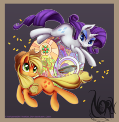 Size: 3716x3800 | Tagged: safe, artist:thenornonthego, applejack, rarity, g4, trade ya!, bits, duality, eye contact, high res, pie tin, stained glass, yin-yang