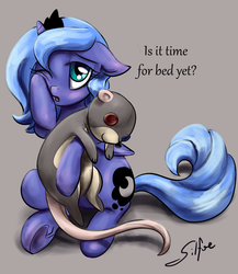 Size: 1280x1472 | Tagged: safe, artist:silfoe, princess luna, tiberius, alicorn, opossum, pony, lunadoodle, g4, cute, female, filly, filly luna, floppy ears, looking at you, lunabetes, plushie, rubbing, silfoe is trying to murder us, sitting, sleepy, solo, tired, underhoof, weapons-grade cute, wink, woona, younger