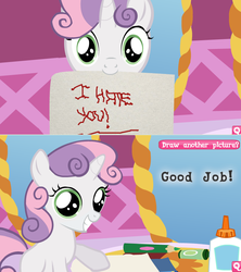 Size: 789x890 | Tagged: safe, sweetie belle, pony, unicorn, g4, approved, coloring with sweetie belle, exploitable meme, good job, gritted teeth, happy, i hate you, implied rarity, looking at you, meme, show accurate, solo, teeth