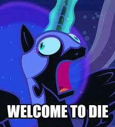 Size: 434x482 | Tagged: safe, nightmare moon, alicorn, pony, g4, derp, faic, female, frown, glowing horn, horn, image macro, magic, magneto, majestic as fuck, mare, meme, nightmare moon moon, open mouth, solo, spread wings, text, welcome to die, wide eyes, x-men