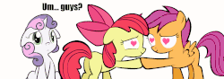 Size: 1600x562 | Tagged: safe, artist:spikedmauler, apple bloom, scootaloo, sweetie belle, earth pony, pegasus, pony, unicorn, g4, animated, eye contact, female, floppy ears, frown, heart, heart eyes, holding hooves, lesbian, raised eyebrow, ship:scootabloom, shipping, sitting, sliding, smiling, third wheel, wide eyes, wingding eyes