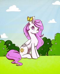 Size: 810x1000 | Tagged: safe, artist:erysz, princess celestia, butterfly, g4, female, flower in hair, pink-mane celestia, sitting, solo, younger