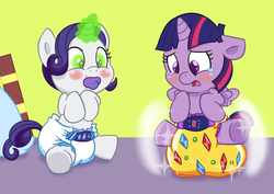 Size: 1248x883 | Tagged: safe, artist:artiecanvas, rarity, twilight sparkle, alicorn, pony, unicorn, inspiration manifestation, babity, baby, baby pony, babylight sparkle, book, corrupted, cutie mark diapers, diaper, diaper inflation, filly, foal, inflatable diaper, inspirarity, magic, poofy diaper, possessed, spell, twilight sparkle (alicorn)