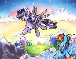 Size: 2189x1696 | Tagged: safe, artist:frostykat13, rainbow dash, twilight sparkle, alicorn, pony, g4, female, flying, mare, sunrise, traditional art, twilight sparkle (alicorn)