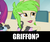 Size: 1233x1038 | Tagged: safe, edit, screencap, cherry crash, mystery mint, equestria girls, g4, my little pony equestria girls: rainbow rocks, background human, battle of the bands, caption, female, green hair, griffon cherry crash, image macro, lipstick, meme, solo