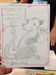 Size: 768x1024 | Tagged: safe, artist:andypriceart, tiberius, eating, sign, solo, strawberry, tail hold, traditional art