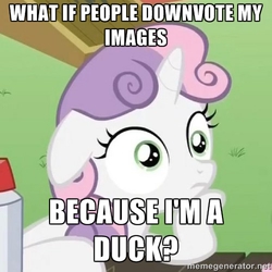 Size: 500x500 | Tagged: safe, sweetie belle, derpibooru, g4, exploitable meme, image macro, meme, op is a duck, sudden clarity sweetie belle