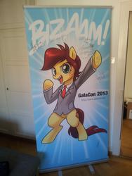 Size: 1024x1365 | Tagged: safe, artist:johnjoseco, oc, oc only, oc:canni soda, pony, galacon, galacon 2013, 2013, auction, autograph, bipedal, bizaam, charity, clothes, convention, irl, mascot, poster, suit