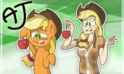 Size: 1200x720 | Tagged: safe, artist:trace-101, applejack, human, worm, g4, apple, human ponidox, humanized