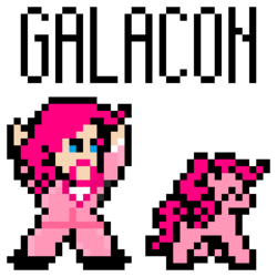 Size: 400x400 | Tagged: safe, artist:owatheone, pinkie pie, human, galacon, g4, beard, bubble berry, clothes, convention, cosplay, necktie, pinkie guy, pixel art, rule 63, suit