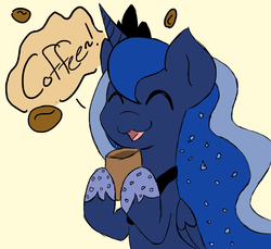 Size: 1699x1557 | Tagged: safe, artist:gummigator, princess luna, alicorn, pony, g4, :3, ^^, ^w^, coffee, eyes closed, happy, simple background, solo, yellow background