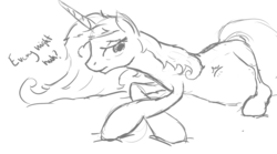 Size: 1154x641 | Tagged: safe, artist:patch, fleur-de-lis, g4, annoyed, belly, female, fleurtility, frown, kicking, messy mane, monochrome, pregnant, prone, sketch, solo, tired