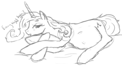 Size: 1280x742 | Tagged: safe, artist:patch, fleur-de-lis, g4, annoyed, bed mane, belly, female, fleurtility, kicking, monochrome, on side, pillow, pregnant, sketch, solo, tired