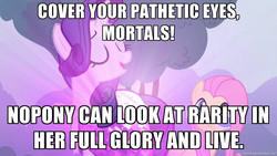 Size: 1280x720 | Tagged: safe, edit, screencap, fluttershy, rarity, g4, it ain't easy being breezies, my little pony: friendship is magic, image macro, lens flare, meme