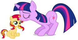 Size: 1361x707 | Tagged: safe, sunset shimmer, twilight sparkle, pony, unicorn, g4, duo, duo female, female, filly, filly sunset shimmer, kissing, mama twilight, simple background, transparent background, unicorn twilight, younger