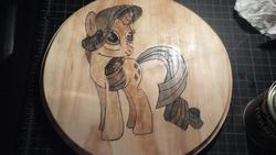 Size: 3264x1840 | Tagged: safe, artist:farondk, rarity, g4, carving, pyrography, traditional art, woodwork