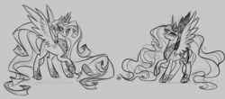 Size: 1200x530 | Tagged: safe, artist:egophiliac, princess celestia, princess luna, g4, bedroom eyes, fancy, jewelry, looking at you, monochrome, sketch, smiling, spread wings