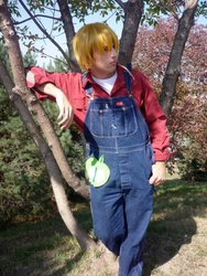 Size: 720x960 | Tagged: safe, artist:kingtauros, big macintosh, human, g4, cosplay, irl, irl human, mouth hold, overalls, photo, pon3con, solo, tree