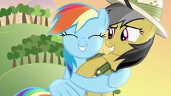 Size: 1920x1080 | Tagged: safe, screencap, daring do, rainbow dash, daring don't, g4, hape, happy, hug, smiling