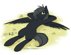 Size: 1280x989 | Tagged: safe, artist:mistresslutea, oc, oc only, oc:rome silvanus, pegasus, pony, lying down, male, multicolored hair, on back, simple background, solo, wings