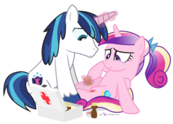 Size: 900x645 | Tagged: safe, artist:dm29, princess cadance, shining armor, g4, bandage, bandaid, bruised, crying, cute, cutedance, duo, first aid, frown, injured, magic, princess sadance, shining adorable, simple background, sitting, smiling, telekinesis, transparent background, younger