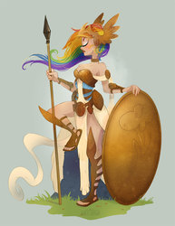 Size: 612x792 | Tagged: safe, artist:sakuranym, rainbow dash, human, g4, female, humanized, shield, solo, spear, warrior