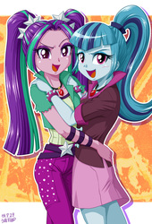 Size: 681x1000 | Tagged: safe, artist:uotapo, aria blaze, sonata dusk, human, equestria girls, g4, my little pony equestria girls: rainbow rocks, ariabetes, bracelet, clothes, cute, duo, female, gem, high ponytail, hug, long hair, looking at you, looking back, open mouth, pants, pigtails, ponytail, siblings, siren gem, sisters, skirt, smiling, sonatabetes, the dazzlings, twintails, wristband