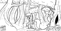 Size: 6552x3323 | Tagged: safe, artist:thethunderpony, oc, oc only, oc:seedy scrolls, forest, lineart, monochrome, traditional art
