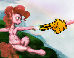 Size: 1534x1204 | Tagged: safe, artist:dungeonxdrugs, artist:miradge, pinkie pie, earth pony, pony, g4, female, fine art parody, foam finger, mare, painting, solo, the creation of adam, uncanny valley
