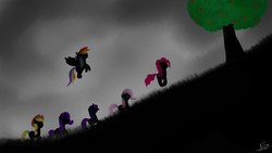 Size: 1920x1080 | Tagged: safe, artist:katsu, applejack, fluttershy, pinkie pie, rainbow dash, rarity, twilight sparkle, g4, dark, mane six, silhouette, wallpaper