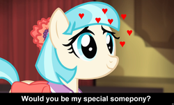Size: 1600x973 | Tagged: safe, coco pommel, earth pony, pony, g4, bronybait, caption, cocobetes, cs captions, cute, female, heart, love, mare, solo, special somepony