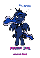 Size: 600x865 | Tagged: safe, artist:greenlinzerd, princess luna, anthro, g4, caption, female, horn, my little boneheads, sharp horn, simple background, solo, tired, transparent background